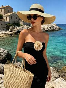 1pc Women's Wide Brim Straw Hat - UV Protection Summer Sun Hat With Black Ribbon - Foldable Beach Hat, Suitable For Vacation Travel - Multicolor - View 1