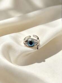 Gothic Style Realistic Eyeball Ring, Metal Silver Water Drop Pendant Eye Open Ring, Subculture Street Style Hot Girl Hand Accessory - Blue - View 3