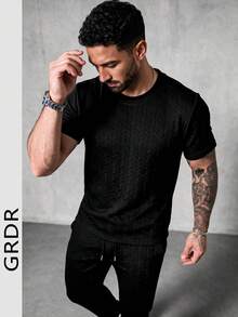 GRDR Textured Men's Casual Daily Minimalist Solid Color Drawstring Short Sleeve & Long Pants 2-Piece Set - Black - View 3