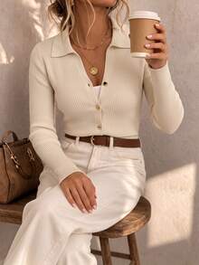 Vellofy Women Fall Winter Cream Ribbed Knit Top Polo Collar Long Sleeve Gold Button Slim Fit Cardigan Blouse For Work Dating Party - Light Apricot - View 6