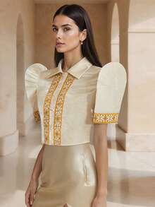 Modern Blouse 1pc Butterfly Sleeves Patchwork Button Women's Short Sleeve Shirt Top - Champagne - View 1