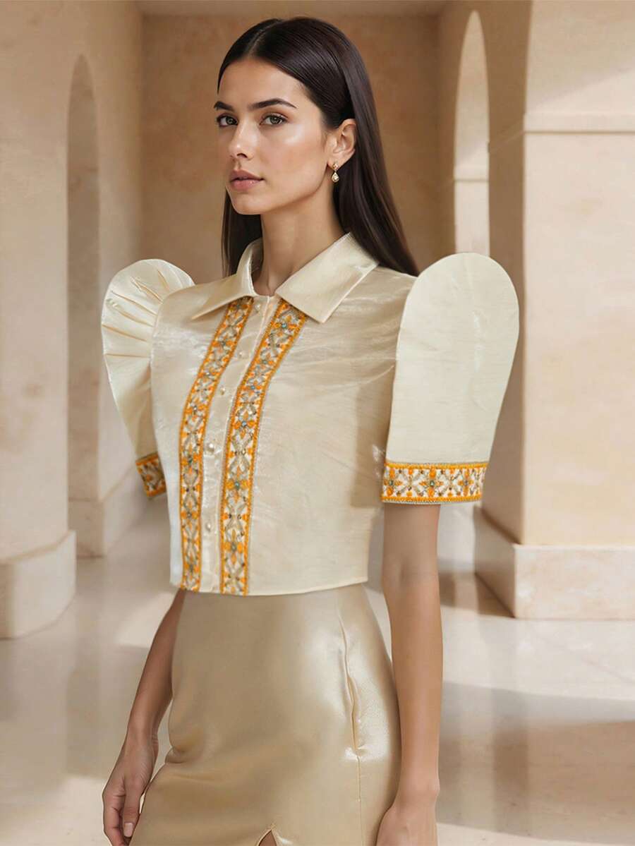 Modern Blouse 1pc Butterfly Sleeves Patchwork Button Women's Short Sleeve Shirt Top - Champagne - View 1