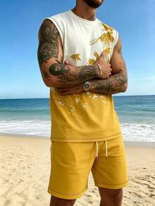 Men's Bird Print Crew Neck Tank Top And Shorts Casual Vacation Beach Set - Ginger - View 2
