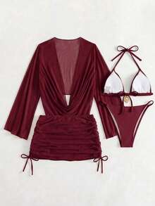 4pcs/Set Sexy Solid Color Bikini Set With Sheer Cover-Up Summer Vacation Beach - Burgundy - View 2