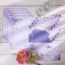 8 Pcs/Set (4 Envelopes + 4 Letter Papers) Dreamy Purple Floral Butterfly Envelope Letter Paper Set, Starry Moon Design Aesthetic Writing Stationery Scrapbook Craft Paper, Decorative Invitation Kit For Students Office School Party Supplies - Purple Moon Blossoms - View 1