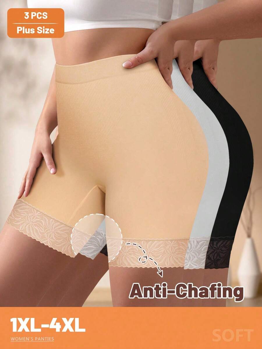 MIOTAN 3pcs Women Plus Size Mid-High Waist Panties Safety Shorts Comfortable Lace Patchwork Soft Minimalist