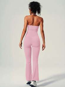 UONNOU Peach Butt-Lifting Flare Leg Jumpsuit, Square Neck Square Neck Backless Yoga Jumpsuit - Baby Pink - View 9