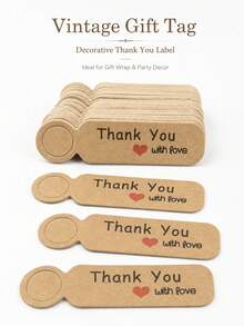 300pcs Vintage Thank You Gift Tags Heart Design Rustic Style Hanging Labels Wedding Birthday Party Favor Packaging Decoration Gift Supplies Set- Without Rope - Multicolor - View 1