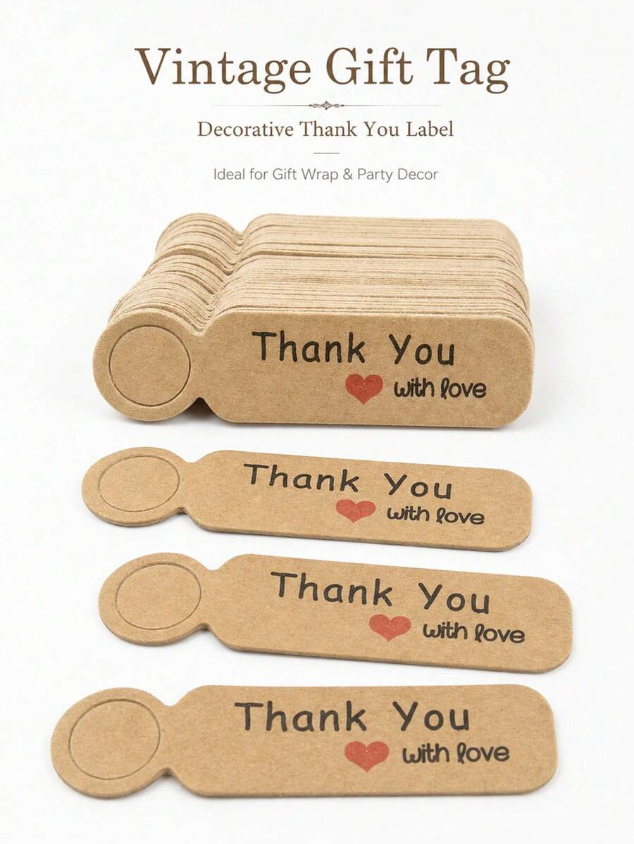 300pcs Vintage Thank You Gift Tags Heart Design Rustic Style Hanging Labels Wedding Birthday Party Favor Packaging Decoration Gift Supplies Set- Without Rope - Multicolor - View 1