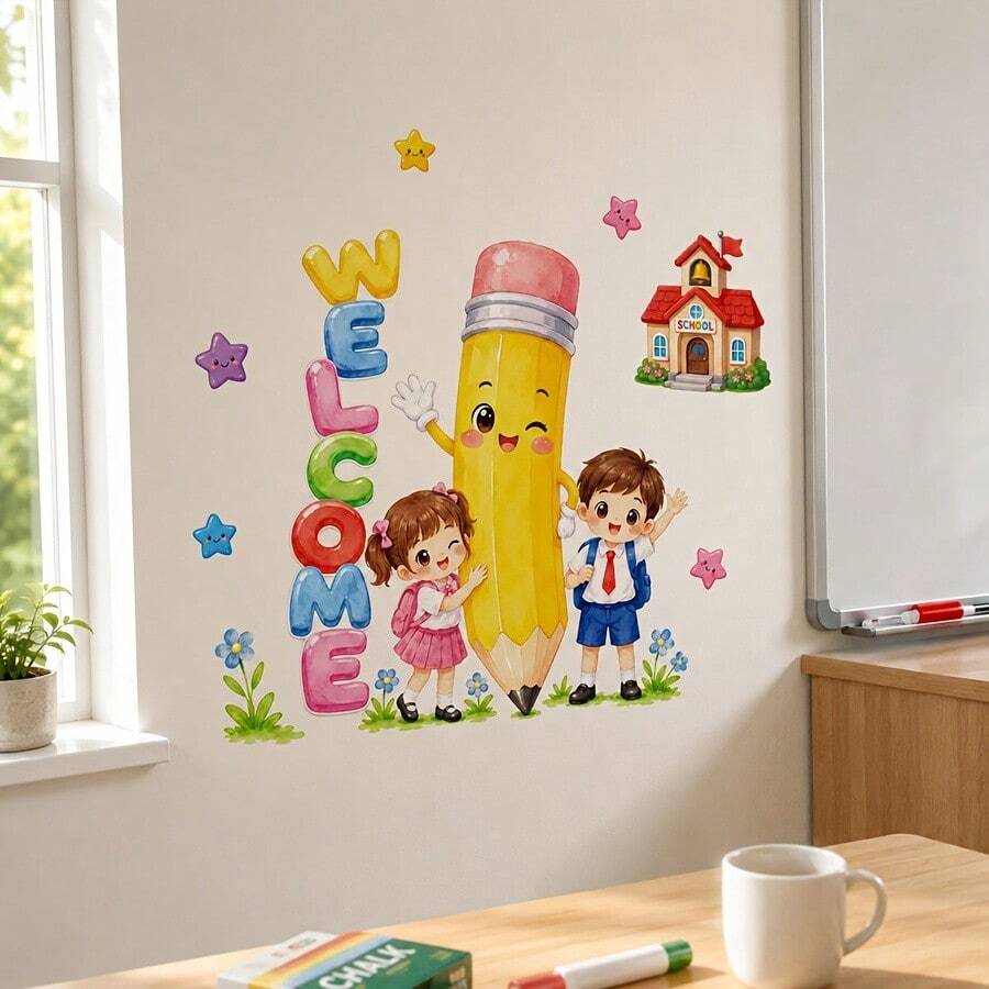 1pc Campus Welcome Backdrop Sticker, School Building & Stationery Elements Activity Room Background Wall Self-Adhesive Decorative Decal - Welcome Backdrop - View 1