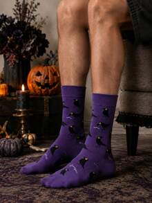 1 Pasang Kaos Kaki Halloween Setengah Betis, Gaya Musim Semi/Gugur, Bernapas dan Nyaman, Desain Motif Gagak Ungu Kartun, Modis, Sempurna untuk Malam Halloween, Cocok untuk Pesta - Purple - View 3