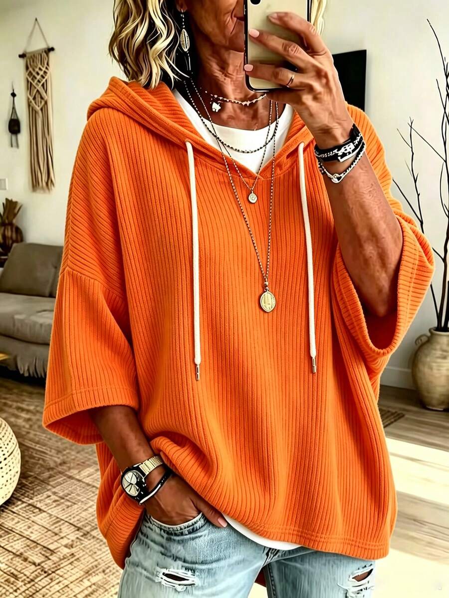 Plus Size Women's Regular Length Hooded Knit Top, Fitted 3/4 Sleeve, With Drawstring Detail, Suitable For Autumn Wear - Orange - View 1