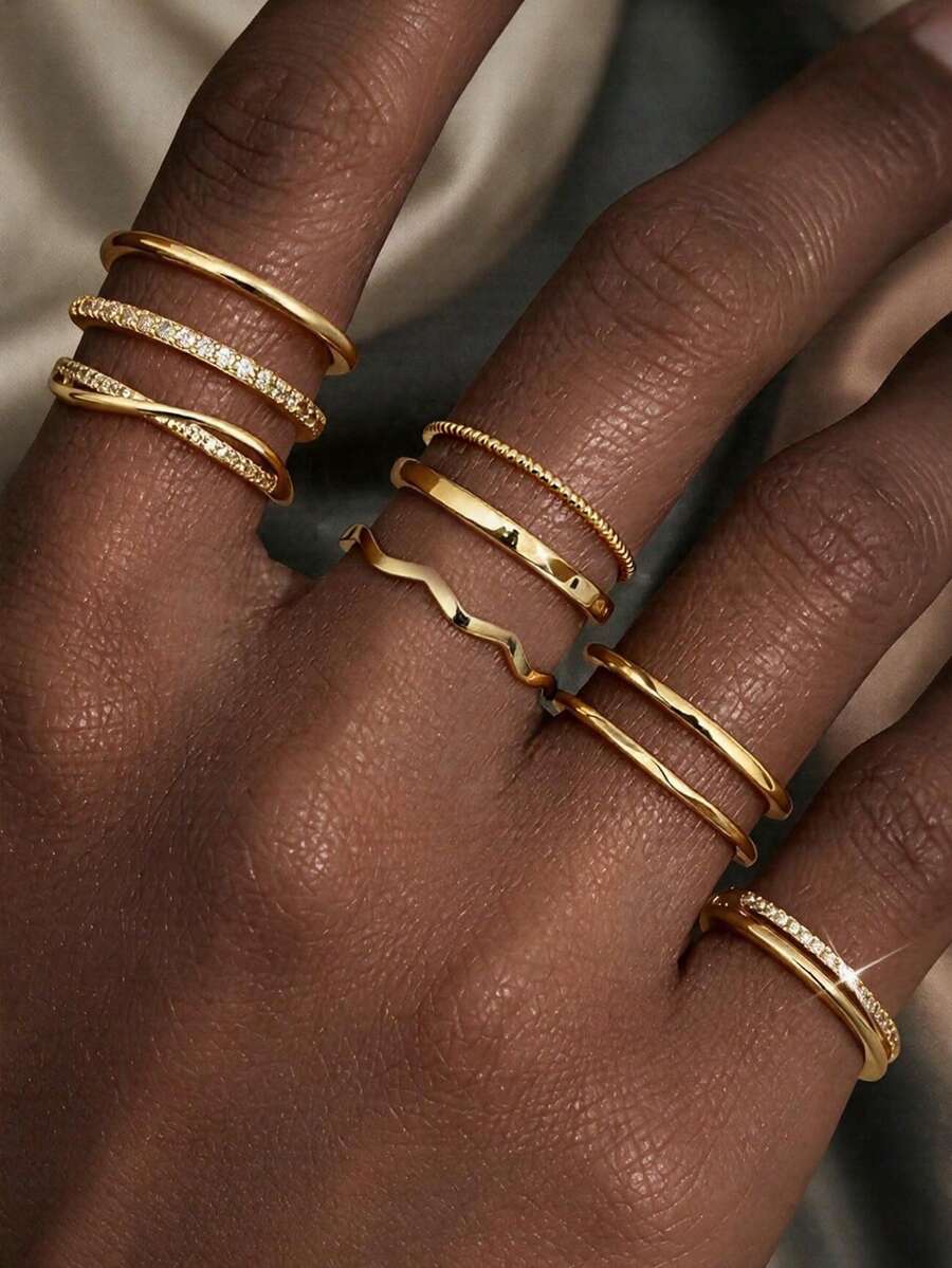 10pcs Cubic Zirconia Inlaid Minimalist Fashion Ring Set, Suitable For Women's Daily Wear, Dating, Layering And Matching - Yellow Gold - View 1