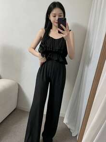 YCYC 女款休閒度假純色極簡主義吊帶背心與長褲兩件套 黑色優雅夏季 - 黑色 - 查看 1