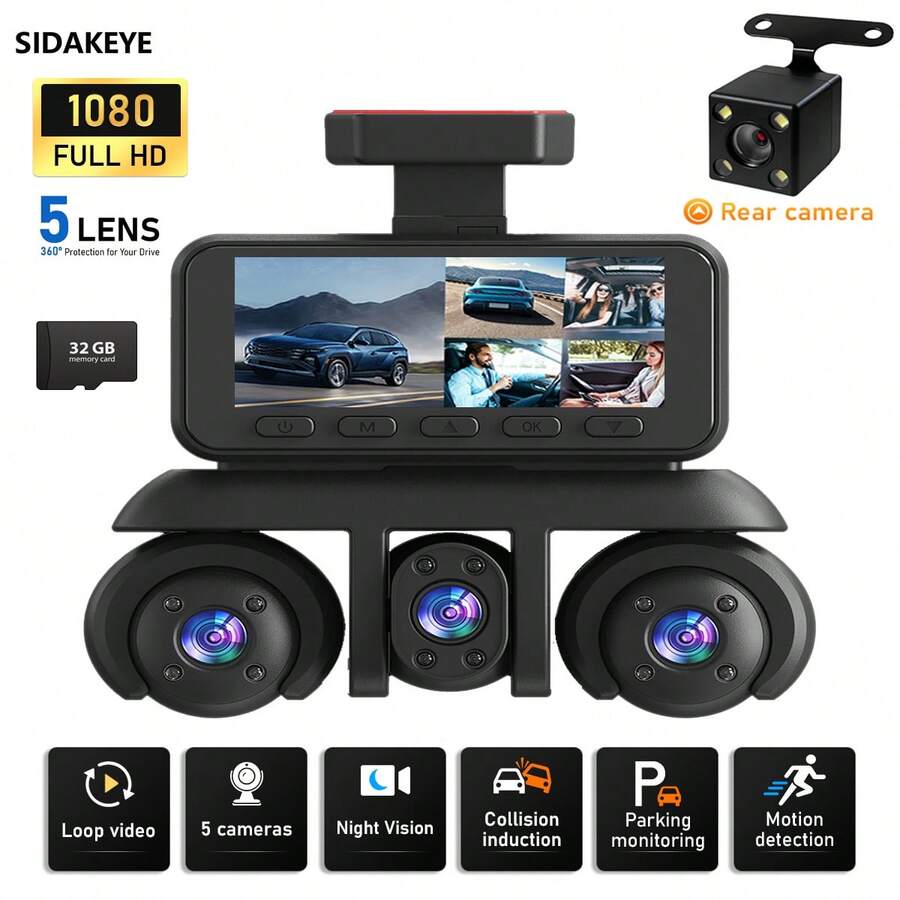 New 5-Channel Dash Cam With IPS Screen, 1080P HD Resolution, Motion Detection, Loop Recording, Parking Monitoring, Night Vision, Collision Detection, Front And Rear Recording, Suitable For All Car Models - A - View 1