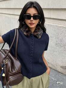 DEEKA Autumn/Winter New Women's European And American Style Fashion Animal Print Collar Knit Cardigan Summer - Navy - View 2