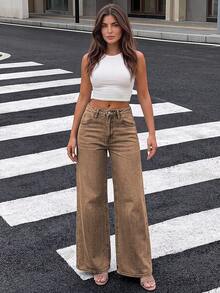 Elegant Women's Casual Wide Leg Jeans, Solid Color Washed Long Pants, Medium Stretch, Versatile Brown Fall - Brown - View 3