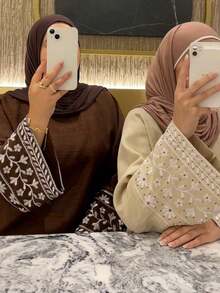 Gaun Abaya Muslimah Sederhana, Gaun Maxi Longgar Lengan Panjang dengan Bordir Bunga, Abaya Kasual untuk Pakaian Sehari-hari Wanita Muslim - MultiWarna - View 10