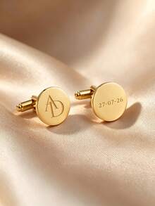 [ZzAi Custom]1 Set Customized Cufflinks And Tie Clip, Square And Round Cufflinks, Customized Text, Name, As Men's, Holiday Gift, Christmas Gift, High-End Customization, Wedding Gift - Round Style - View 3