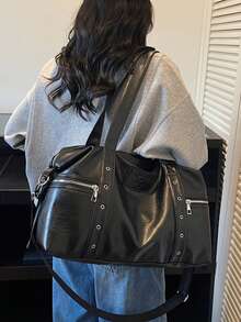 Street Style Fashionable Large Capacity Tote Bag With Multiple Zippered Pockets And Metal Eyelets Decoration Design, Suitable For Daily Commuting - Black - View 5