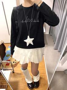 Women's Fashion Autumn/Winter Loose Minimalist Versatile Cartoon Cat Print Long Sleeve T-Shirt - Black - View 5