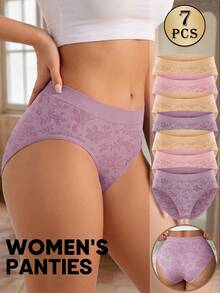 MEIYATING 7pcs Women's Mid-Low Waist Seamless Panties, Fashionable Floral Print & Solid Color, Comfortable & Snug Fit Triangle Briefs - Multicolor - View 2