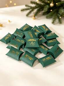 12PCS/Christmas Pillow Gift Boxes, Gold Foil Hot Stamping Xmas Candy Treat Boxes, 4.53*2.76 Inch Green Paper Favor Boxes, 6 Assorted Patterns For Christmas Party Small Gift Cookie Packaging - View 2