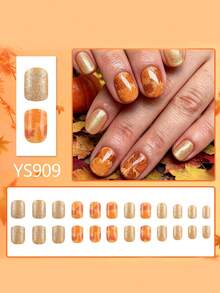 24pcs Short European-Style Fake Nails With Gold Glitter Maple Leaf Shiny Finish For A Look, Full Coverage Detachable Nail Set, Perfect For Ladies' Parties, Prom, And Everyday Wear - Multicolor - View 2