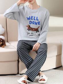 2pcs/Set Men's Pajamas Loungewear Set, Pullover Round Neck Couple Style Cute Animal Print Long Sleeve Long Pants Comfortable Home Wear - Grey - View 2