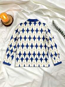Men's Vacation Blue Tone Star Ring Geometric Print Long Sleeve Polo Shirt - Multicolor - View 5