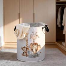 1pc Soft Fresh Watercolor Style, Elephant, Lion, Giraffe, Little Monkey Gathered, Low Saturation Soft Color Palette Universal Storage Basket [Includes Stainless Steel Frame] - View 13