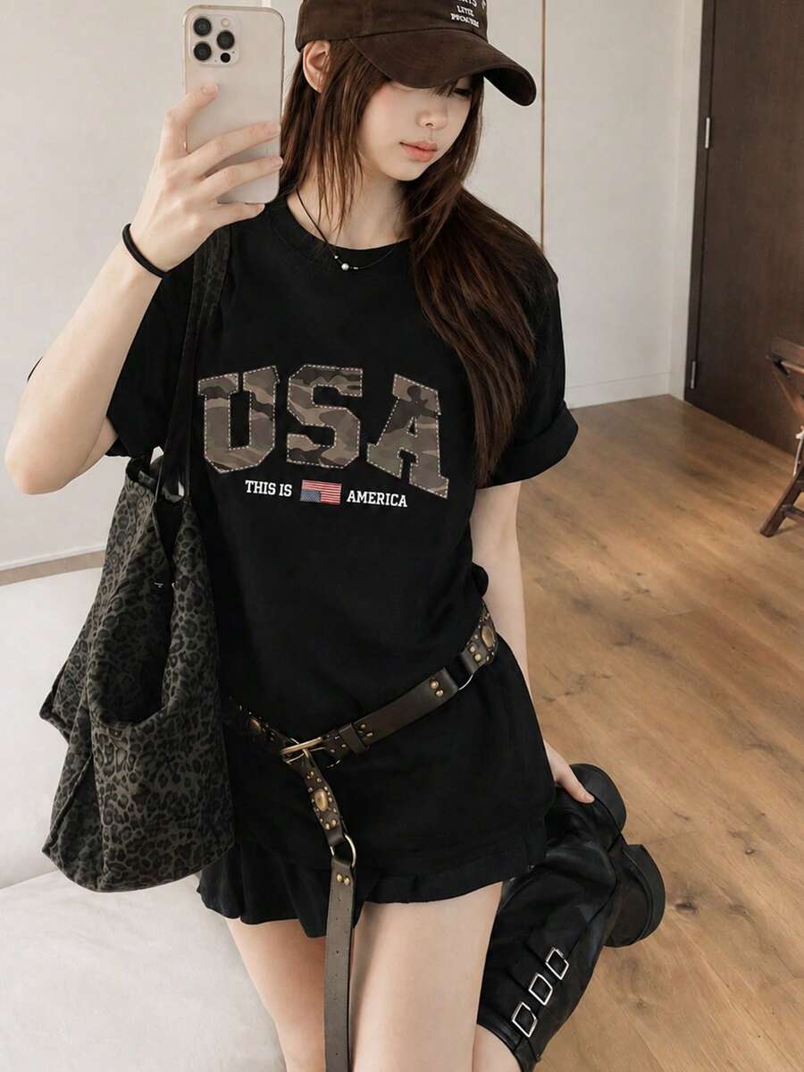 女款時尚夏季圓領寬鬆迷彩字母印花短袖T恤休閒黑色 - 黑色 - 查看 1