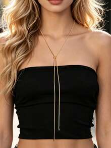 Minimalist Y-Shaped Long Necklace, Everyday Wear - Yellow Gold - View 1