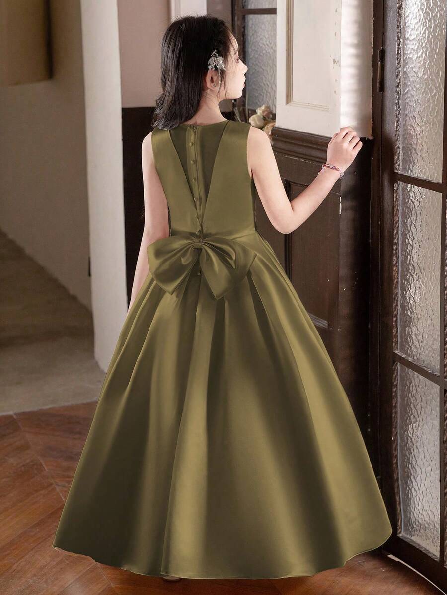 Olive Green Sleeveless Princess Dress For Teen GirlBow Decor On Back, Suitable For Birthday, Party, Graduation, Prom, Wedding, Formal Occasions