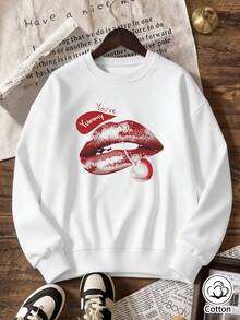 Women's Loose Fit Crew Neck Sweatshirt With Red Lips Print "You're Yummy" - Breathable Casual Pullover For Spring Autumn Street Style - White - View 4