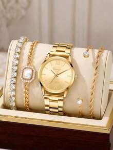 JasonRolls 5pcs Set, Elegant Ladies Watch, Luxury Fashion Minimalist Ladies Quartz Watch, Exquisite Dial Design, Luxury Alloy Rhinestone Bracelet Set, Suitable For Daily, Casual, Party, Evening, Holiday Occasions, Holiday Gift, Birthday Gift, Mother's Day Gift - Gold - View 6