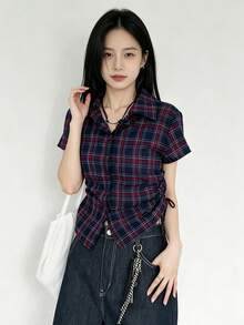 YCYC Korean Style Summer Women's Design Plaid Versatile Casual Shirt - Navy Blue - View 2