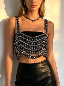 ZHENGHEN Black Beaded Spaghetti Strap Camisole - Sexy Party Body Jewelry - White - View 14