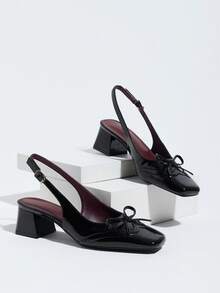 Premium Glossy Chunky Heel Slip-On Backless Outdoor Elegant Women's High Heel Sandals - Black - View 6