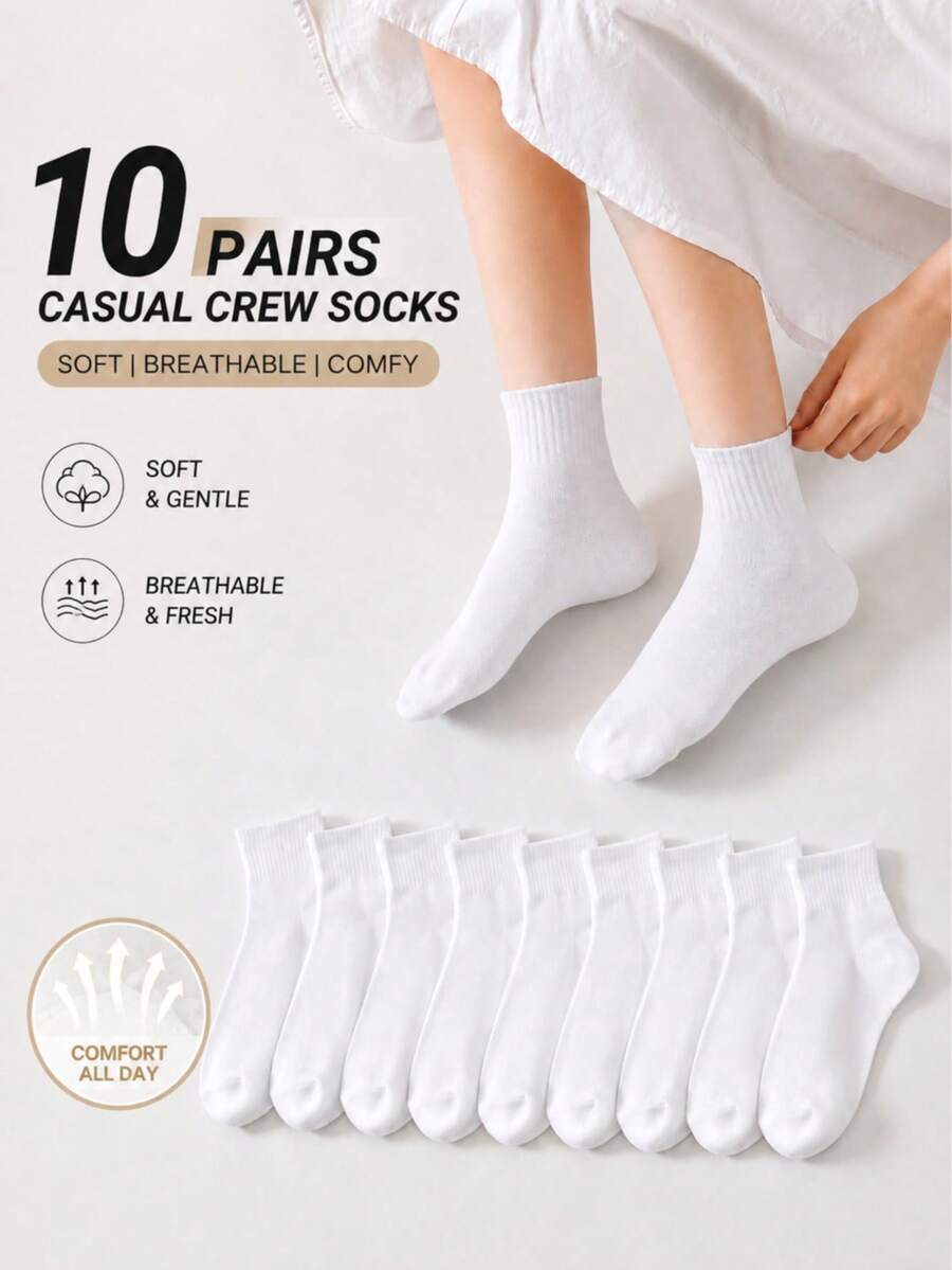 10/5 Pairs White Daily Wear Versatile Comfortable Women Socks - White - View 1