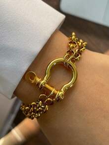 1pc Gold & Silver Horseshoe Buckle Bracelet, Full Rhinestone Horseshoe Buckle Double Chain Design, Unique & Luxurious, Stainless Steel Material, Suitable For Women's Daily Work Decoration - Multicolor - View 4
