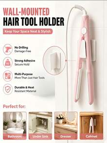 1pc Wall-Mounted Hair Straightener Holder, Multi-Function No-Drill Damage-Free Storage Rack, Strong Adhesive Wall-Mounted Organizer, Heat-Resistant Hair Tool Storage Rack For Curling Iron And Hair Straightener, Suitable For Vertical Hanging, Cord Organization, Bathroom, Vanity, Dressing Table, Cabinet, Kitchen - Multicolor - View 6