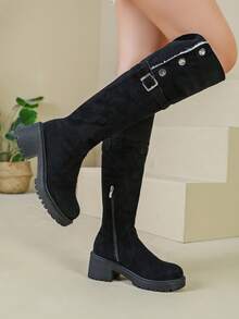Botas altas de caballero de ante, textura de ante premium, combina bien con abrigos, faldas, jeans, adecuado para desplazamientos de otoño/invierno, fotografía de viajes, atuendos para citas - Negro - Ver 2