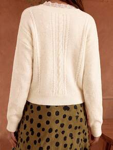 VIBEWAVE Cream Cable Knit Short Cardigan, V-Neck Single-Breasted Drop Shoulder Loose Sweater, Vintage Sweet Style - Beige - View 8