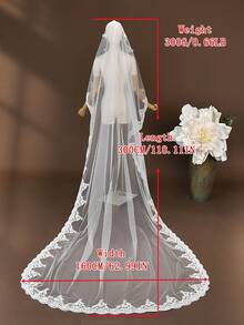 Cathedral Wedding Bridal Veil, 1 Layer, 3m Long Soft Tulle With Lace And Floral Trim, Vintage Style, For Bridal Veil. - White - View 12