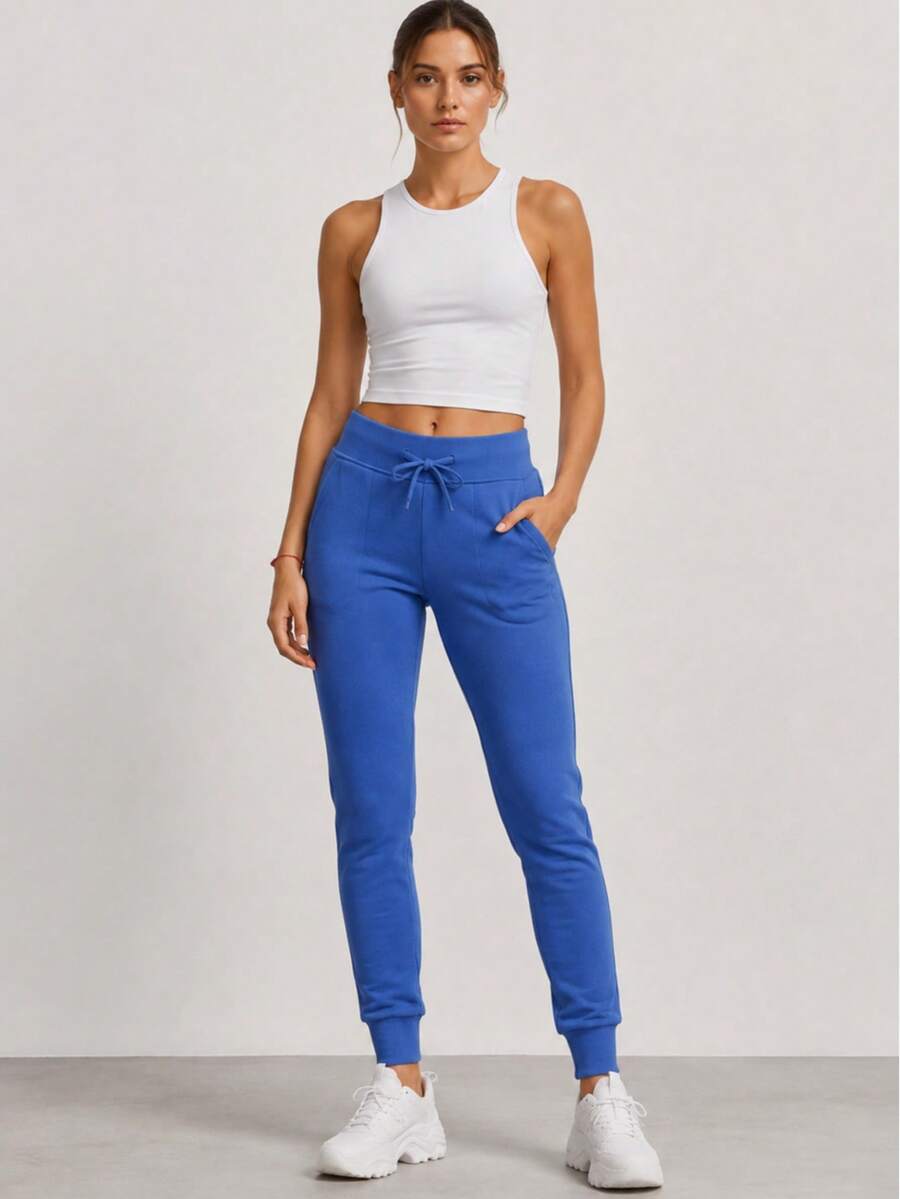 Sweatpants, Elastic Waistband With Drawstrings, Mid-Rise, 2 Pockets, Tapered Legs With Drawstrings, Basic - Blue - View 1