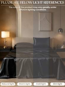 4-Piece Black Premium Solid Color Silky Satin Bed Sheet Set, Includes 1 Fitted Sheet, 1 Flat Sheet And 2 Pillowcases (Pillow Inserts Not Included). Luxury Satin Bed Sheet Set, Available Sizes: King, Queen, Full, Twin. Fitted Sheet Depth Up To 11.8 Inches. Satin Pillowcases Soft And Breathable, Wrinkle-Resistant - Black - View 6