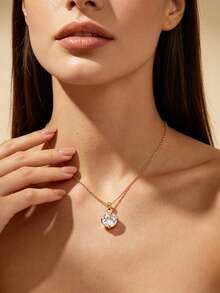 1pc Minimalist Fashion Elegant Style Geometric Round Pendant Decorated With Glass Stainless Steel Necklace Suitable For Women's Daily Wear/Party/Wedding/Friend's Holiday Gift - Yellow Gold - View 5