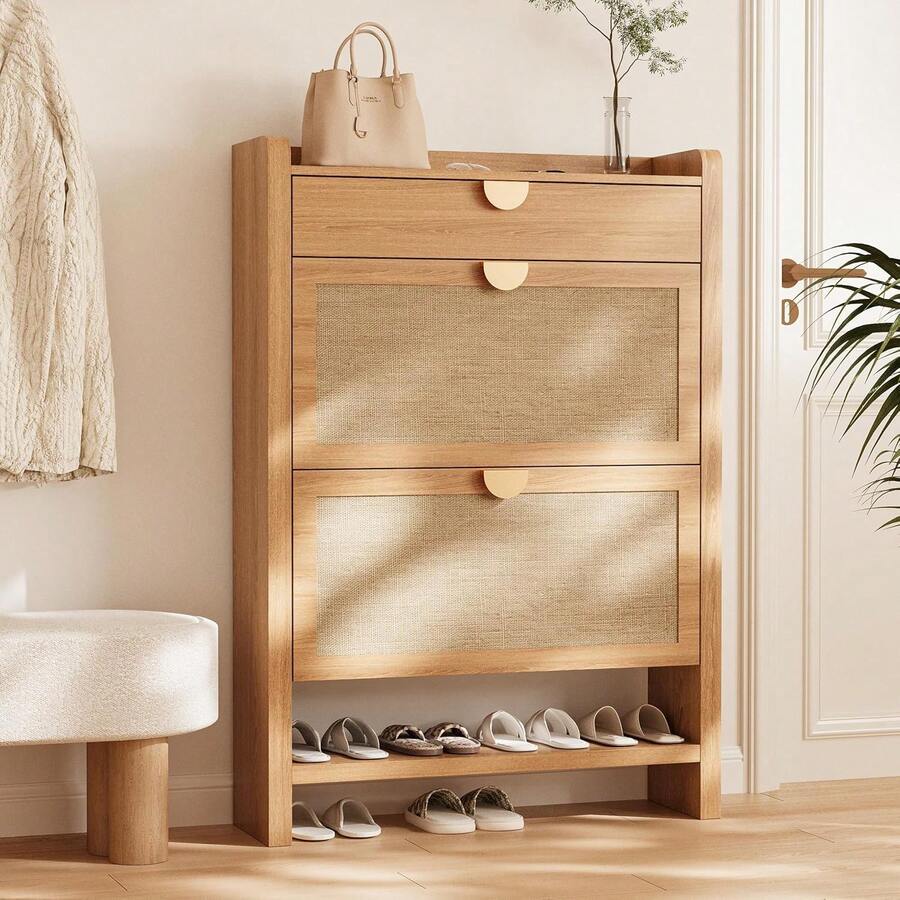 Slim Rattan Shoe Storage Cabinet, Freestanding Hidden Footwear Organizer Rack Holder With Two Flip Drawers And Top Fence For Entryway Hallway Closet, Boho Modern Style, Natural Oak - 47" Natural Oak - View 1