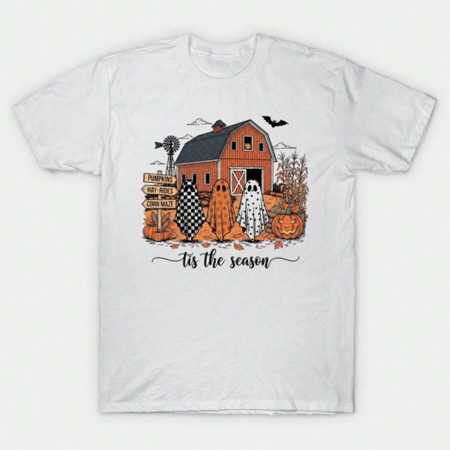 Unisex-Summer/Autumn T-Shirts - Tis The Season Pumpkins Hayrides Corn Maze Cute Farm Ghost Fall Vibes T-Shirt-Streetwear,Y2k,Herren,Pasha Style,Herbst - White - View 1